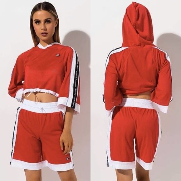 Champion Red Mesh Side Zippers White Waist Logo Oversized Basketball Shorts - Picture 2 of 16